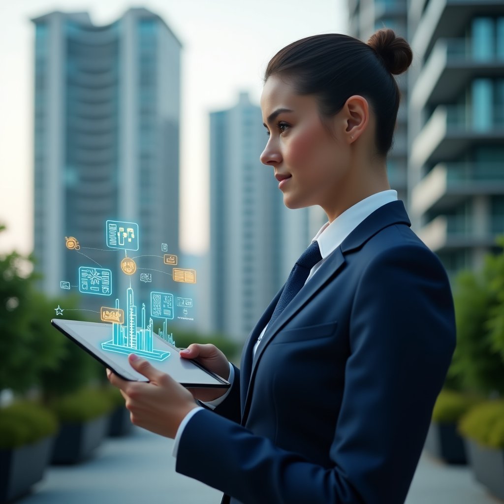 (Ultra-realistic condominium manager in a navy blue suit, set in a modern luxury condominium environment with high-rise buildings and lush green landscaping, confidently holding a tablet projecting a holographic dashboard of an apartment management app with floating icons of chat bubbles, building plans and group silhouettes to symbolize harmony and conflict resolution, cinematic lighting, shallow depth of field, highly detailed textures, realistic skin, photographic realism, 8k resolution --ar 1:1 --v 6)