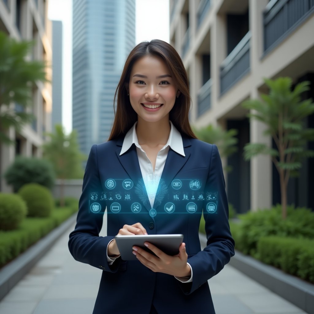 Ultra-realistic female condominium manager in a navy blue executive suit, set in a modern luxury condominium environment with high-rise buildings and impeccably maintained green landscaping, holding a digital tablet displaying holographic icons representing the ten golden rules for harmonious living, smiling confidently and approachable, holographic handshake and chat bubble symbols floating nearby, cinematic lighting, shallow depth of field, highly detailed textures, realistic skin, photographic realism, 8k resolution --ar 1:1 --v 6