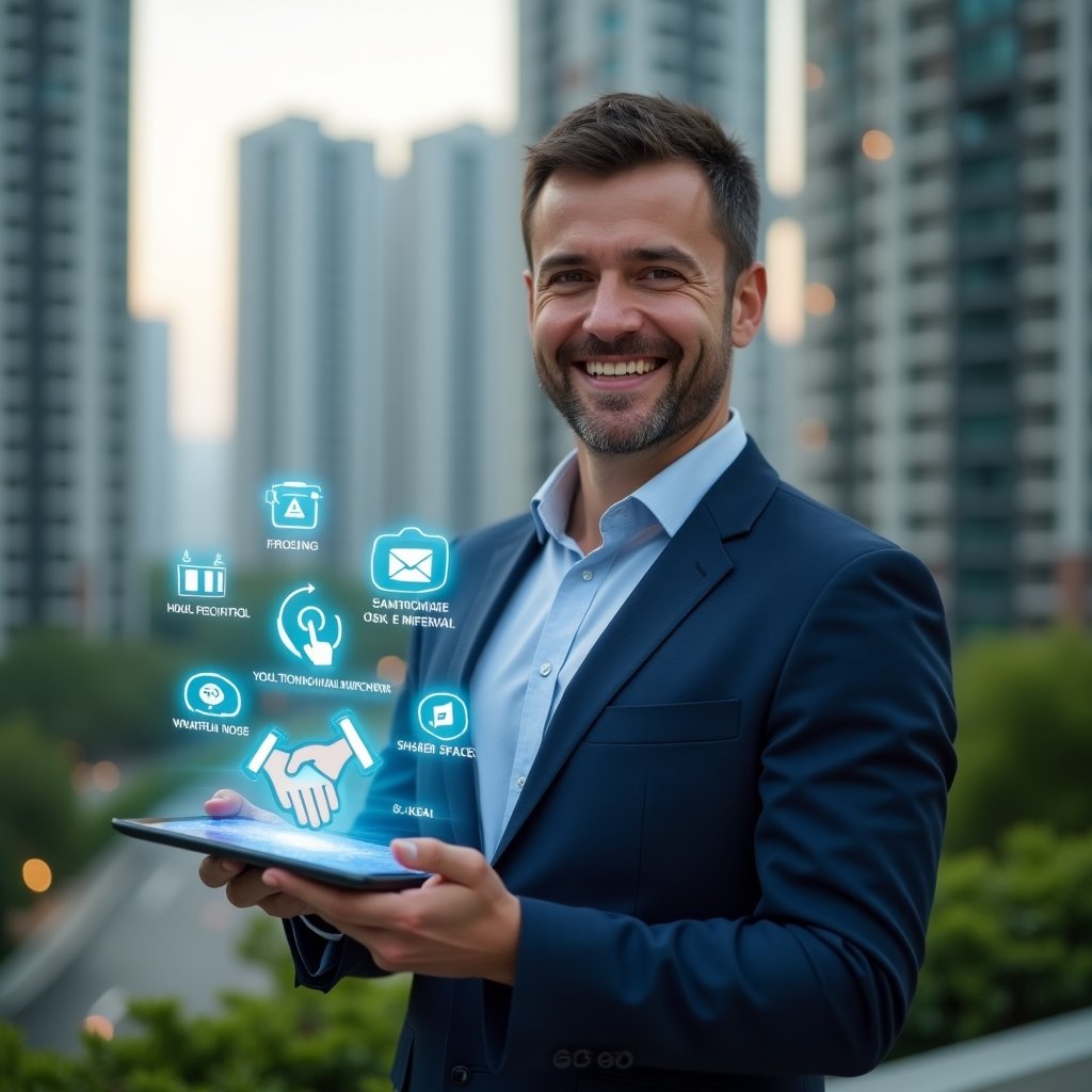 Ultra-realistic condominium manager in a tailored navy blue executive suit, set in a modern luxury condominium environment with high-rise buildings and green landscaping, holding a tablet projecting holographic icons representing clear communication, shared spaces, noise control and a handshake symbolizing harmonious coexistence, confident and welcoming expression, cinematic lighting, shallow depth of field, highly detailed textures, realistic skin, photographic realism, 8k resolution --ar 1:1 --v 6