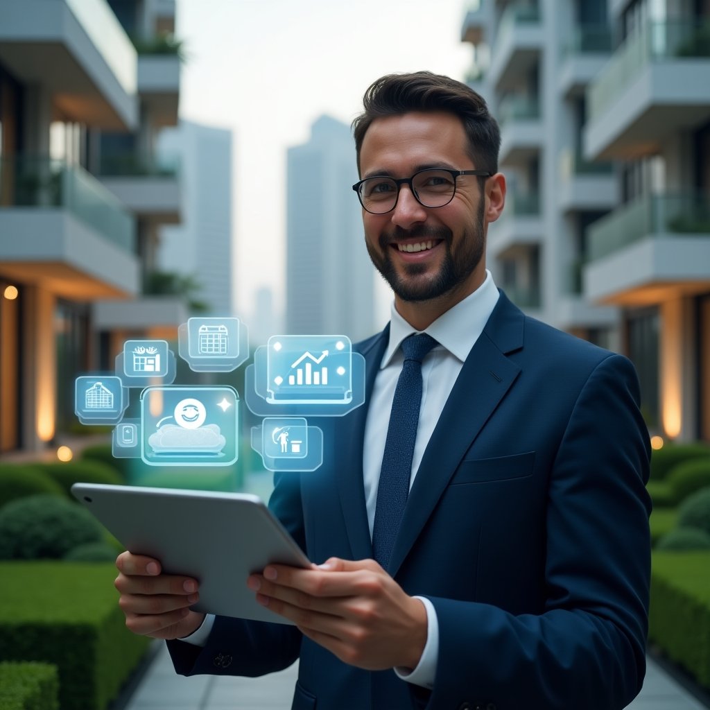 (Ultra-realistic condominium manager in a navy tailored suit, set in a modern luxury condominium environment with high-rise buildings and well-manicured green landscaping, holding a tablet projecting a holographic condominium management app interface with chat bubbles, checkmarks and calendar icons, smiling confidently to convey harmony among residents, cinematic lighting, shallow depth of field, highly detailed textures, realistic skin, photographic realism, 8k resolution --ar 1:1 --v 6)