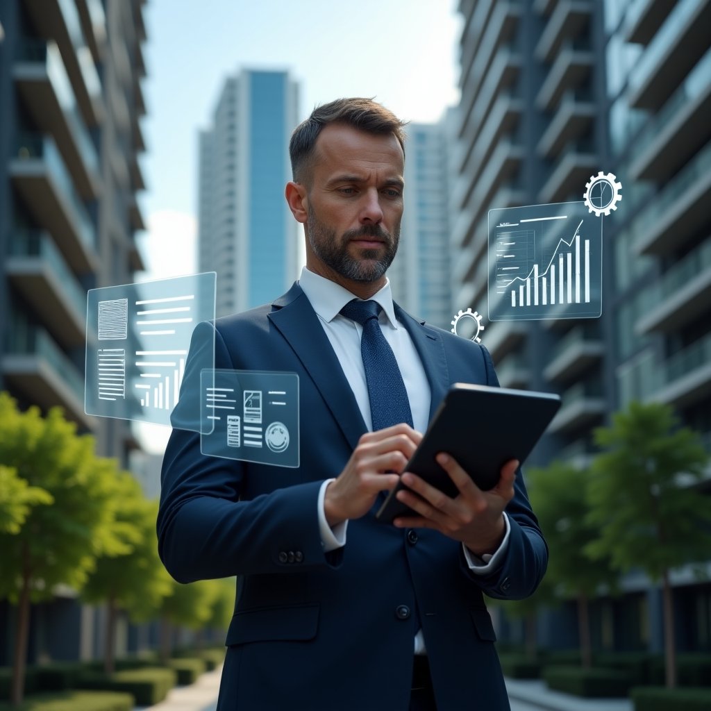 (Ultra-realistic condominium manager in a navy blue executive suit, set in a modern luxury condominium environment with high-rise buildings and lush green landscaping, holding a digital tablet displaying holographic checklists and financial graphs, surrounded by floating document and gear icons symbolizing organization and maintenance, confidently reviewing data with a thoughtful expression, cinematic lighting, shallow depth of field, highly detailed textures, realistic skin, photographic realism, 8k resolution --ar 1:1 --v 6)