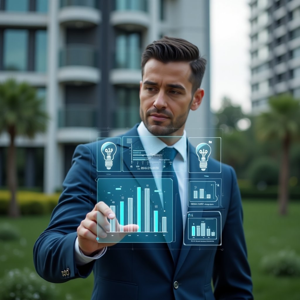 (Ultra-realistic condominium manager in a tailored navy suit, set in a modern luxury condominium environment with high-rise buildings and manicured green landscaping, analyzing a transparent holographic dashboard of energy and cost-saving charts, floating icons of light bulbs, maintenance tools and financial graphs around them, confident and focused expression, cinematic lighting, shallow depth of field, highly detailed textures, realistic skin, photographic realism, 8k resolution --ar 1:1 --v 6)