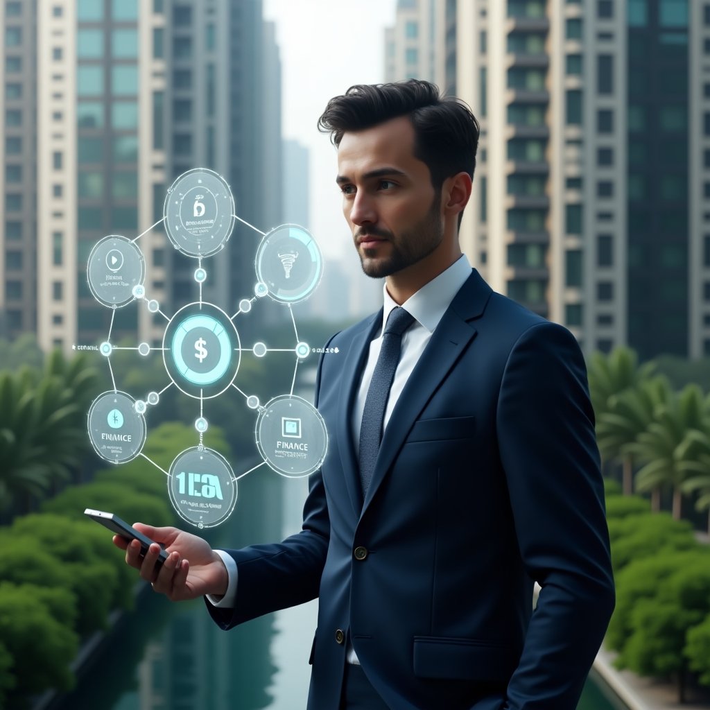 (Ultra-realistic condominium manager in a tailored navy suit, set in a modern luxury condominium environment with high-rise buildings and lush green landscaping, medium shot of a confident professional examining a floating holographic dashboard showing finance, communication and maintenance icons with warning symbols and checkmarks, cinematic lighting, shallow depth of field, highly detailed textures, realistic skin, photographic realism, 8k resolution --ar 1:1 --v 6)
