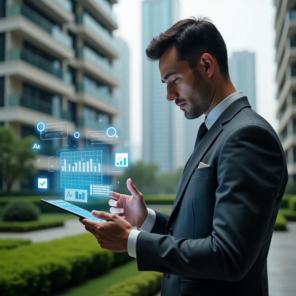 Ultra-realistic condominium manager in a charcoal gray suit, set in a modern luxury condominium environment with high-rise buildings and manicured green landscaping, medium close-up of the manager thoughtfully examining holographic financial reports and floating digital spreadsheets, with translucent icons of checklists, bar charts and a magnifying glass symbolizing accounting accuracy, cinematic lighting, shallow depth of field, highly detailed textures, realistic skin, photographic realism, 8k resolution --ar 1:1 --v 6