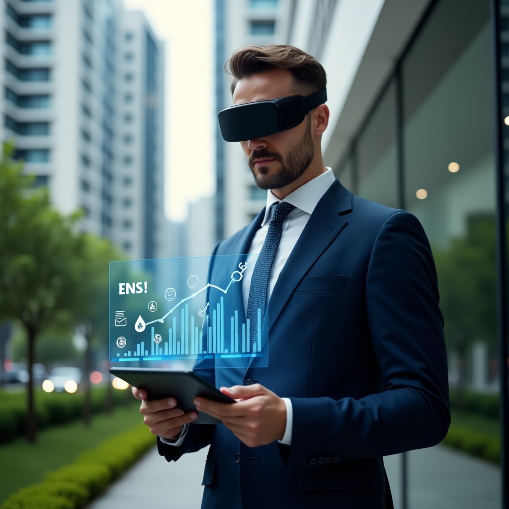 Ultra-realistic condominium manager in a dark blue business suit, set in a modern luxury condominium environment with high-rise buildings and lush green landscaping, holding a tablet displaying holographic financial charts and expense-cutting icons (lightbulb, water drop, contract), confidently analyzing cost-reduction strategies, cinematic lighting, shallow depth of field, highly detailed textures, realistic skin, photographic realism, 8k resolution --ar 1:1 --v 6