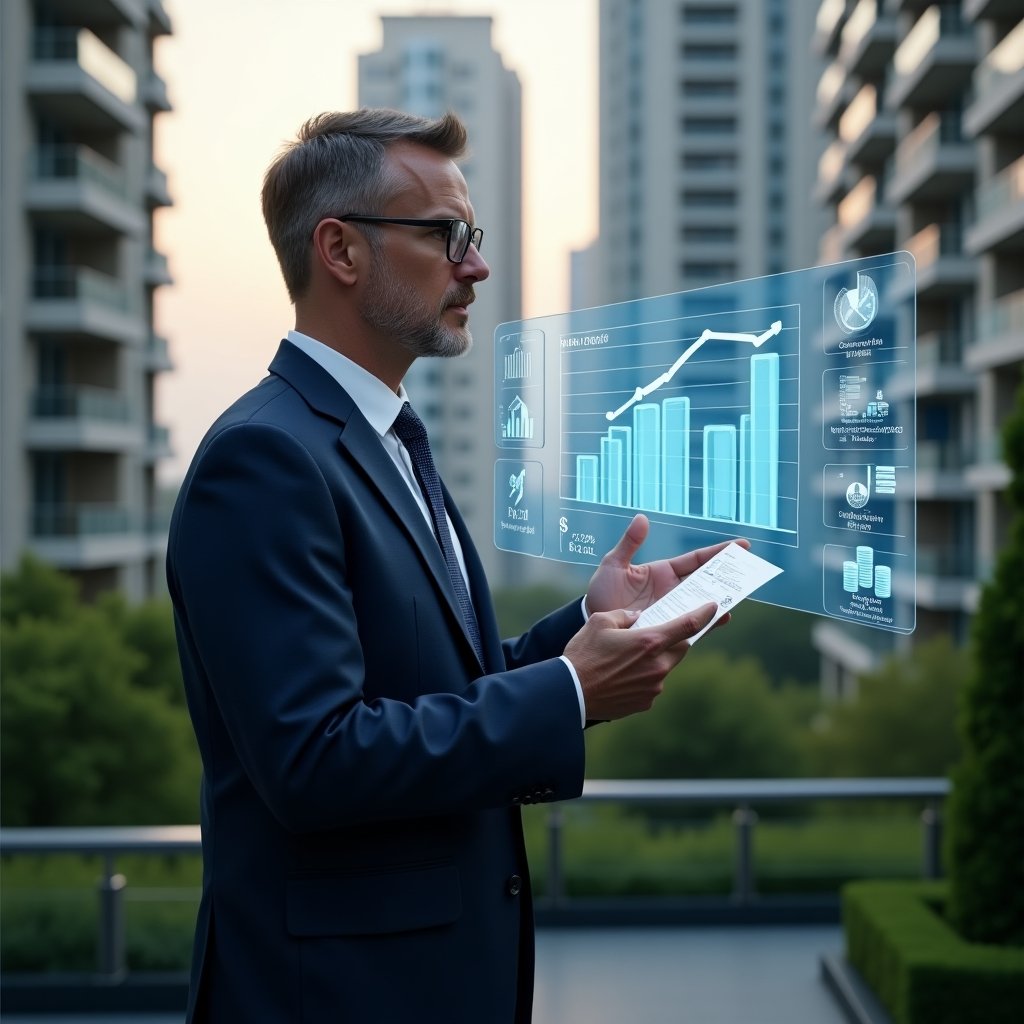 Ultra-realistic condominium manager in a tailored navy suit, set in a modern luxury condominium environment with high-rise buildings and lush green landscaping, confidently reviewing a digital budget on a holographic interface, floating cost breakdown charts and checklist icons around him, cinematic lighting, shallow depth of field, highly detailed textures, realistic skin, photographic realism, 8k resolution --ar 1:1 --v 6