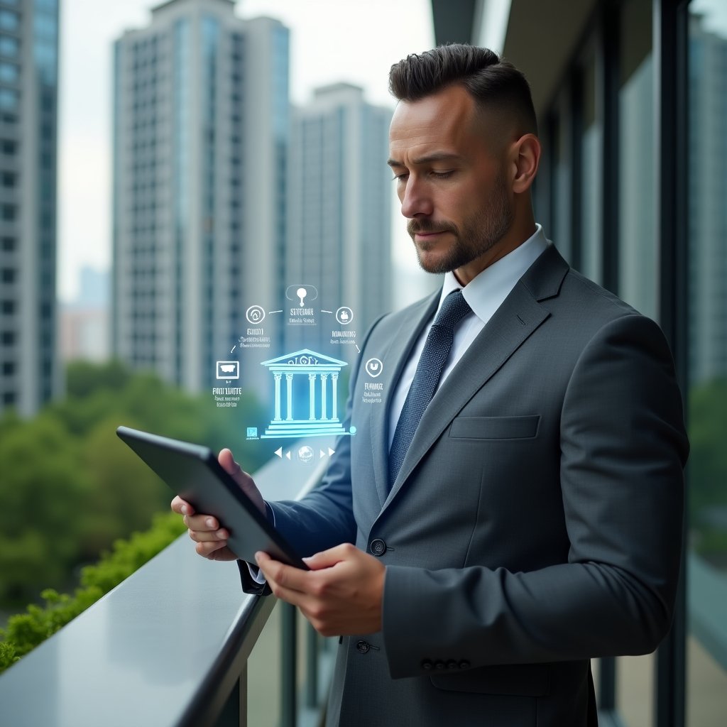 Ultra-realistic condominium manager in a tailored charcoal gray suit, set in a modern luxury condominium environment with high-rise buildings and lush green landscaping, holding a tablet projecting holographic icons of the five pillars (maintenance, security, finance, communication, technology), medium shot with background softly blurred, confident and visionary expression, cinematic lighting, shallow depth of field, highly detailed textures, realistic skin, photographic realism, 8k resolution --ar 1:1 --v 6