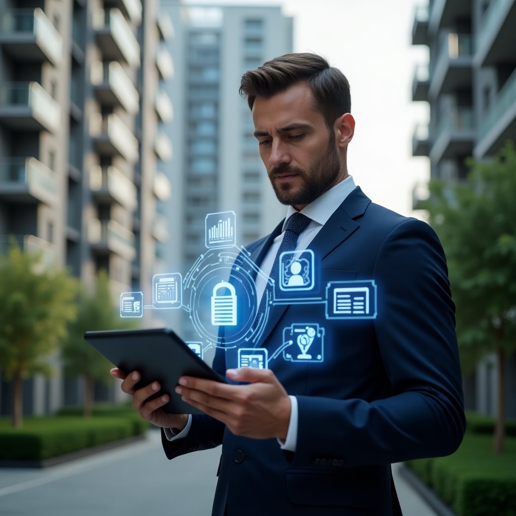 Ultra-realistic condominium property manager in a navy blue suit, set in a modern luxury condominium environment with high-rise buildings and well-manicured green landscaping, holding a tablet displaying holographic management app icons and analyzing digital charts, futuristic holographic interface with symbols of communication, finance and security floating around, confident expression, cinematic lighting, shallow depth of field, highly detailed textures, realistic skin, photographic realism, 8k resolution --ar 1:1 --v 6