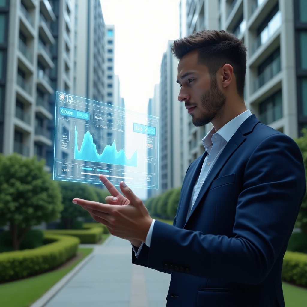 Ultra-realistic property manager in a navy blue tailored suit, set in a modern luxury condominium environment with high-rise buildings and manicured green landscaping, thoughtfully analyzing a floating holographic dashboard of a condominium management app showing graphs and notification icons, pointing at key indicators, cinematic lighting, shallow depth of field, highly detailed textures, realistic skin, photographic realism, 8k resolution --ar 1:1 --v 6