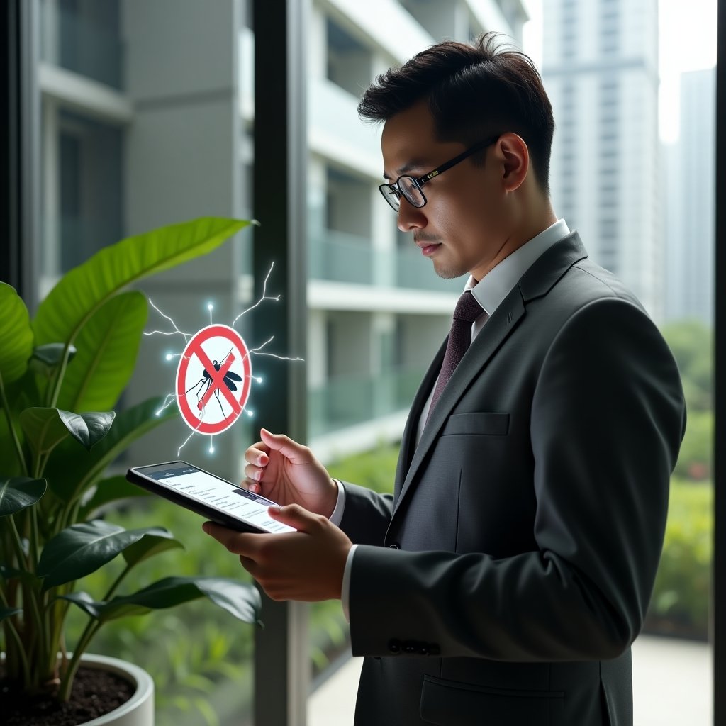 (Ultra-realistic condominium manager in a charcoal gray suit, set in a modern luxury condominium environment with high-rise buildings and manicured green landscaping, inspecting a potted plant for standing water while holding a tablet displaying an anti-dengue app interface, a holographic mosquito icon with a red crossed-out symbol floating beside them, serious and focused expression, cinematic lighting, shallow depth of field, highly detailed textures, realistic skin, photographic realism, 8k resolution --ar 1:1 --v 6)