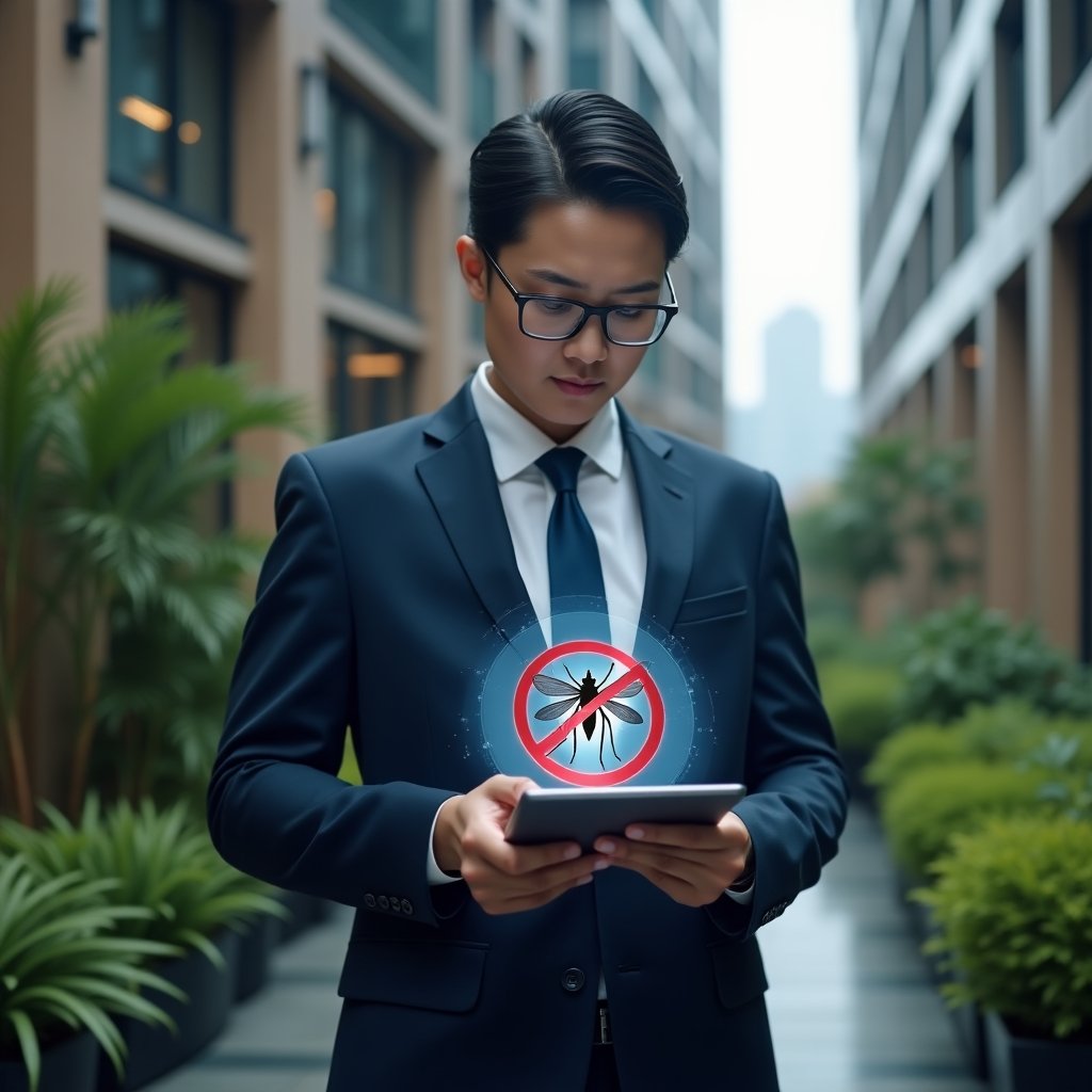 Ultra-realistic condominium manager in a navy blue tailored suit, set in a modern luxury condominium environment with high-rise buildings and lush green landscaping, holding a tablet displaying a holographic mosquito icon with a red prohibition symbol, analyzing dengue prevention data with a determined and focused expression, cinematic lighting, shallow depth of field, highly detailed textures, realistic skin, photographic realism, 8k resolution --ar 1:1 --v 6