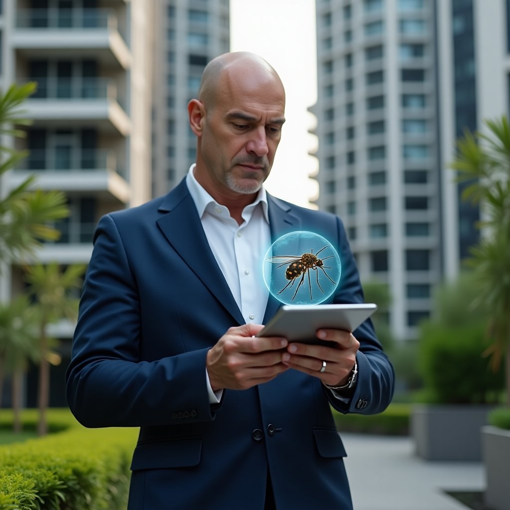 (Ultra-realistic condominium manager in a navy blue suit, set in a modern luxury condominium environment with high-rise buildings and manicured green landscaping, inspecting a water-filled flower pot while holding a tablet displaying a holographic Aedes aegypti mosquito icon, serious and focused expression, cinematic lighting, shallow depth of field, highly detailed textures, realistic skin, photographic realism, 8k resolution --ar 1:1 --v 6)