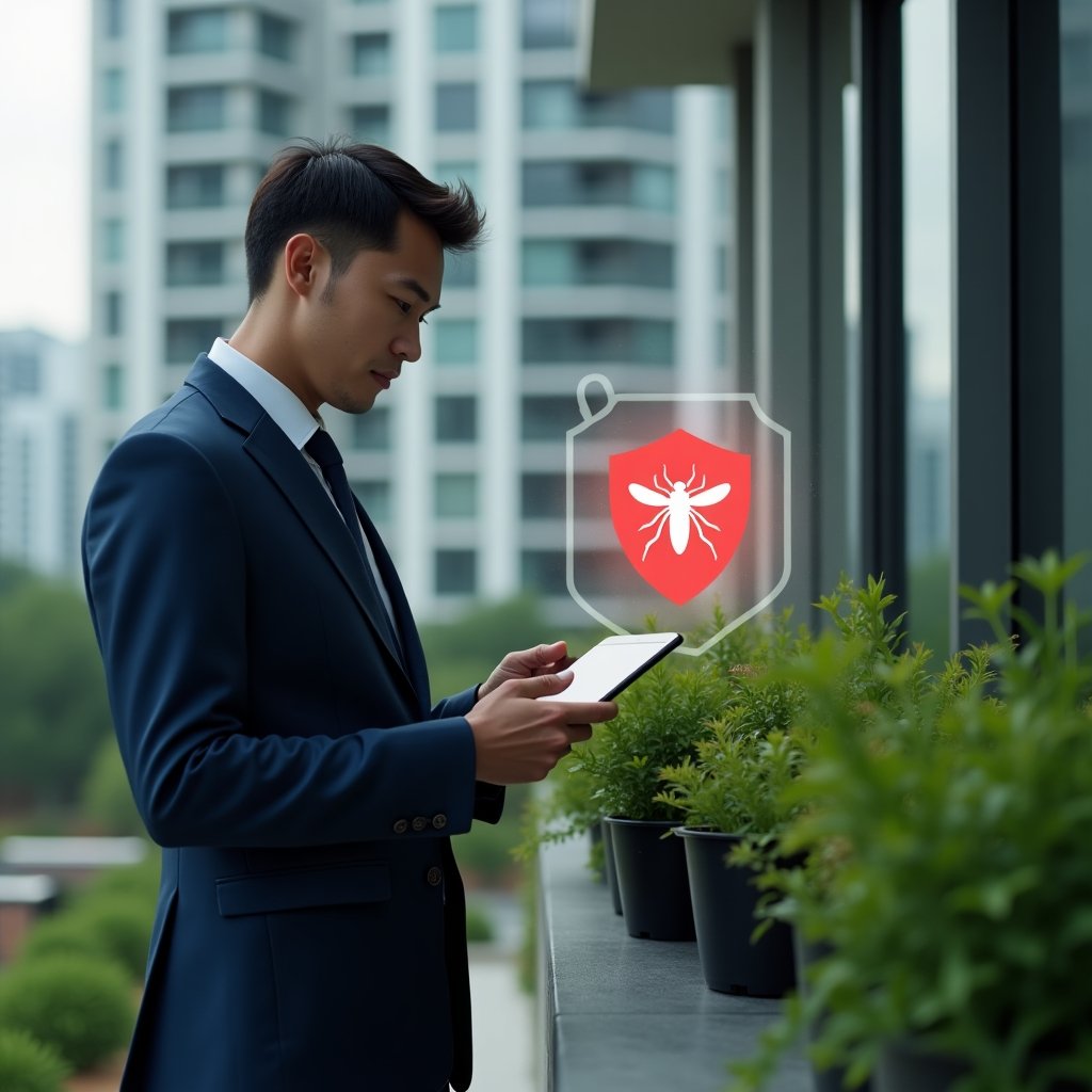 (Ultra-realistic condominium manager in a dark blue suit, set in a modern luxury condominium environment with high-rise buildings and green landscaping, holding a tablet and pointing at a potted plant tray while inspecting for mosquito larvae, with a holographic mosquito icon and red shield overlay symbolizing dengue prevention, cinematic lighting, shallow depth of field, highly detailed textures, realistic skin, photographic realism, 8k resolution --ar 1:1 --v 6)