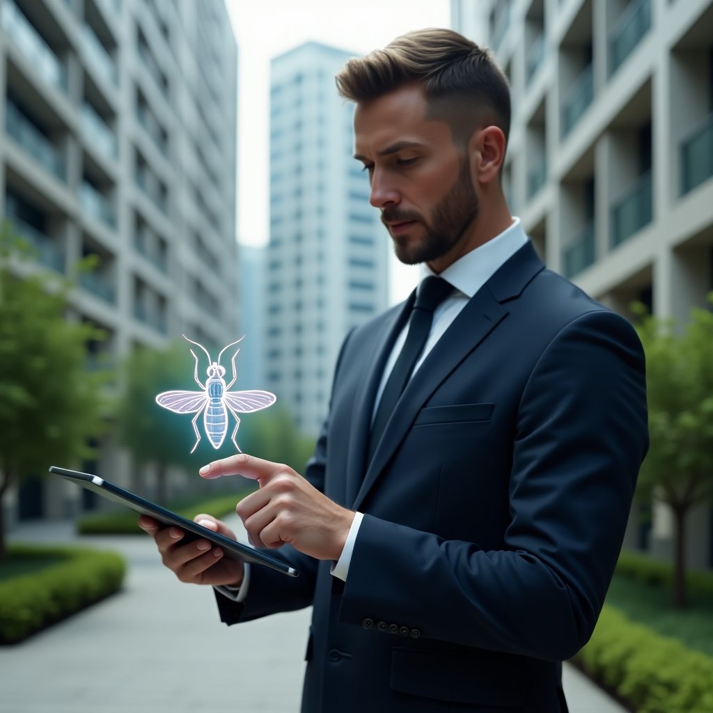 Ultra-realistic condo manager in a navy suit, set in a modern luxury condominium environment with high-rise buildings and manicured green landscaping, examining a digital tablet while pointing at a holographic mosquito icon hovering above a water container, conveying determination and focus, cinematic lighting, shallow depth of field, highly detailed textures, realistic skin, photographic realism, 8k resolution --ar 1:1 --v 6