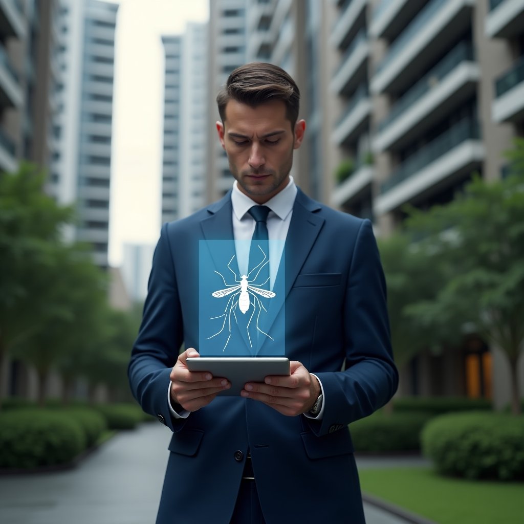 (Ultra-realistic condominium manager in a tailored navy-blue suit, set in a modern luxury condominium environment with high-rise buildings and lush green landscaping, standing in a three-quarter view thoughtfully examining a holographic Aedes aegypti mosquito icon and floating digital checklist projected from a tablet in his hands, conveying determination and care, cinematic lighting, shallow depth of field, highly detailed textures, realistic skin, photographic realism, 8k resolution --ar 1:1 --v 6)