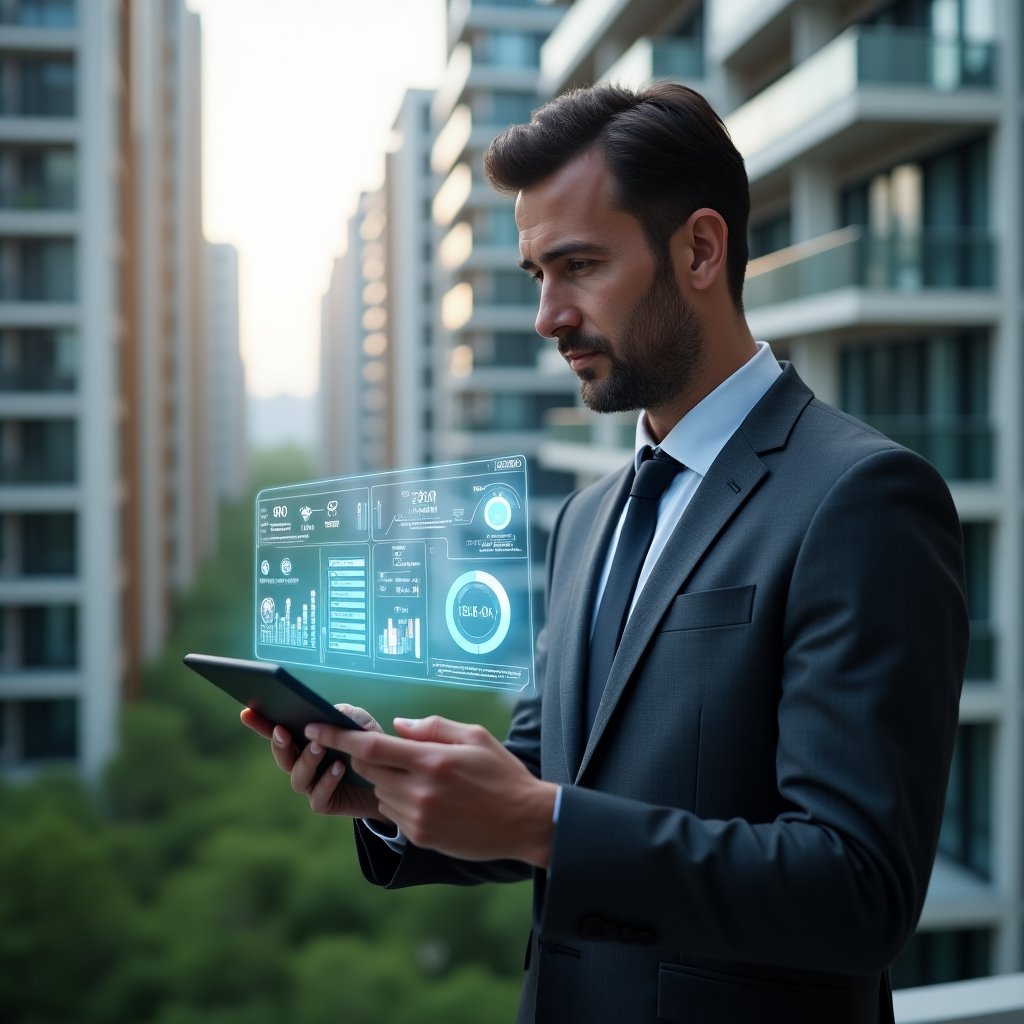 Ultra-realistic property manager in a dark gray tailored suit, set in a modern luxury condominium environment with high-rise buildings and green landscaping, holding a digital tablet projecting a holographic building automation interface with energy savings graphs and security icons, examining data confidently, cinematic lighting, shallow depth of field, highly detailed textures, realistic skin, photographic realism, 8k resolution --ar 1:1 --v 6