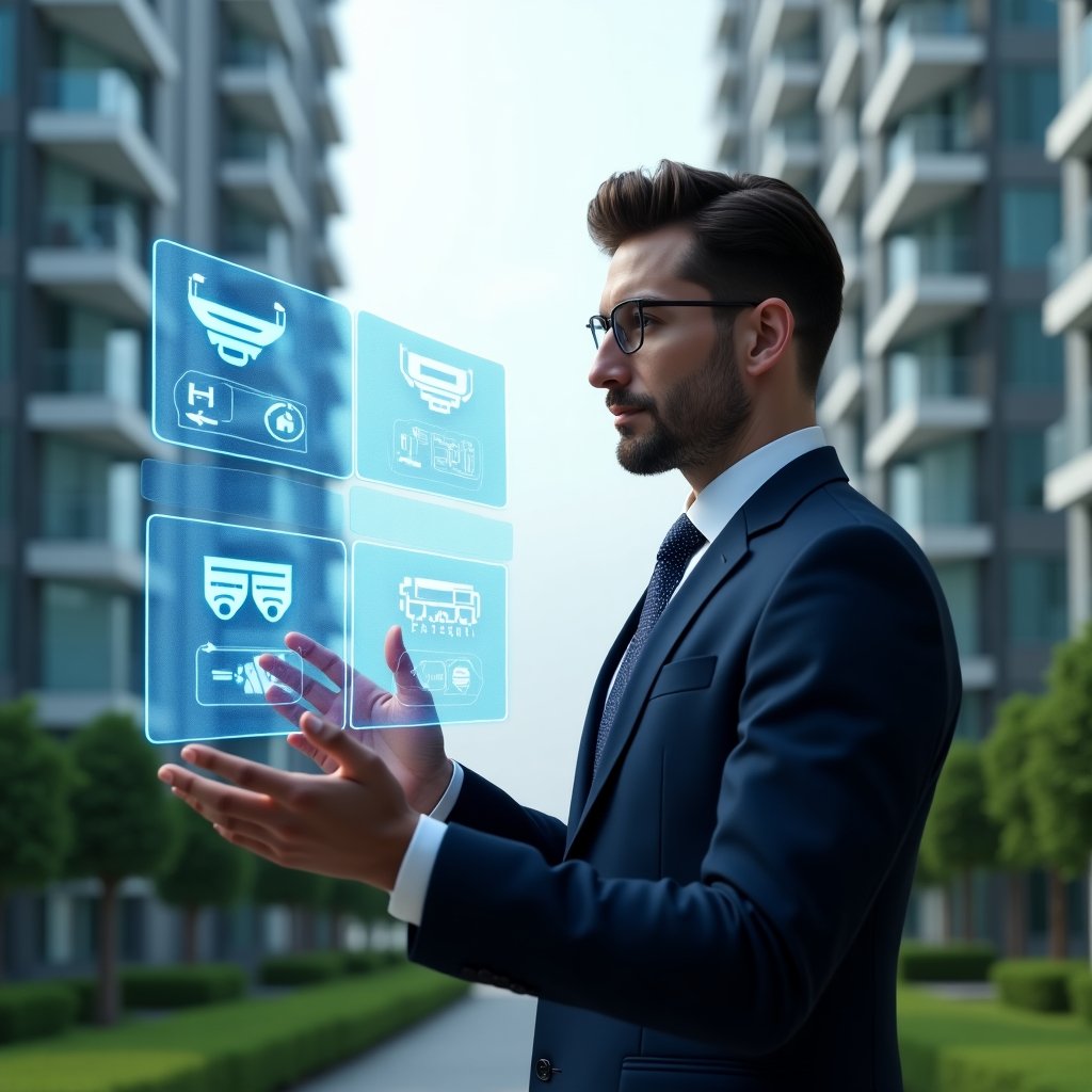 (Ultra-realistic building manager in a navy tailored suit, set in a modern luxury condominium environment with high-rise glass towers and lush green landscaping, confidently interacting with a floating holographic interface of building automation systems displaying sensors, security cameras, and access controls, futuristic blue holograms highlighting smart technology, cinematic lighting, shallow depth of field, highly detailed textures, realistic skin, photographic realism, 8k resolution --ar 1:1 --v 6)