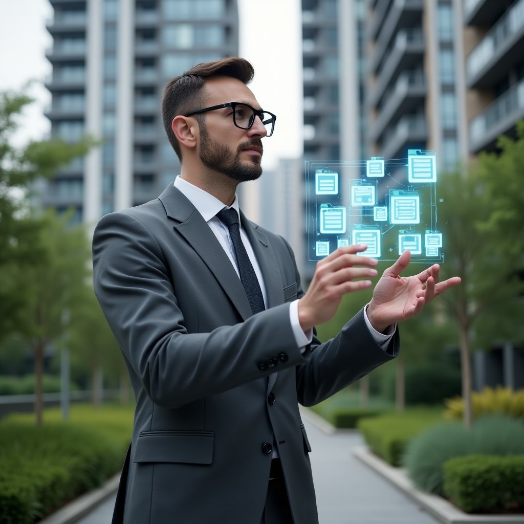 Ultra-realistic condominium property manager in a charcoal gray suit, set in a modern luxury condominium environment with high-rise buildings and lush green landscaping, confidently interacting with a holographic digital document interface and floating file icons, cinematic lighting, shallow depth of field, highly detailed textures, realistic skin, photographic realism, 8k resolution --ar 1:1 --v 6