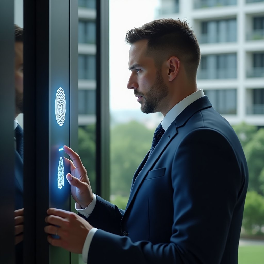 (Ultra-realistic condominium manager in a navy blue suit, set in a modern luxury condominium environment with high-rise buildings and green landscaping, interacting with a holographic biometric access control panel displaying fingerprint and facial recognition icons, confident and focused expression, cinematic lighting, shallow depth of field, highly detailed textures, realistic skin, photographic realism, 8k resolution --ar 1:1 --v 6)
