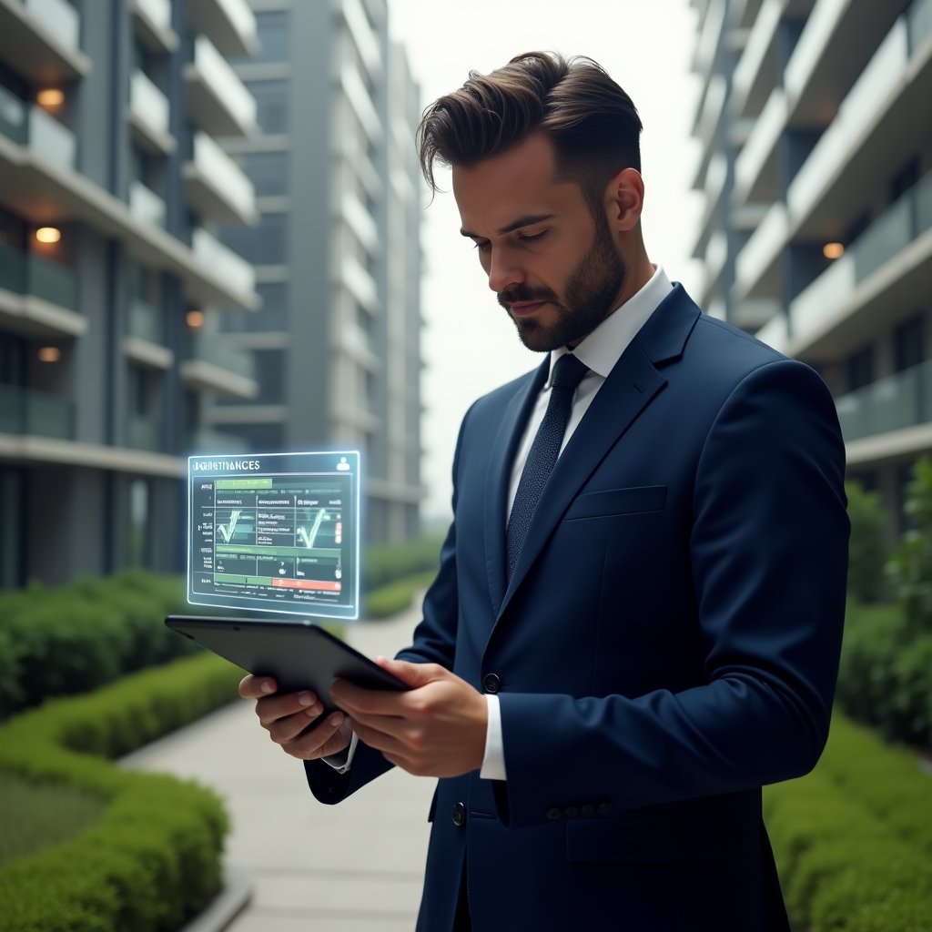 (Ultra-realistic condominium manager in a tailored navy blue suit, set in a modern luxury condominium environment with high-rise buildings and manicured green landscaping, reviewing a tablet displaying a holographic maintenance schedule with Gantt chart and check-mark icons, confident and focused expression, cinematic lighting, shallow depth of field, highly detailed textures, realistic skin, photographic realism, 8k resolution --ar 1:1 --v 6)