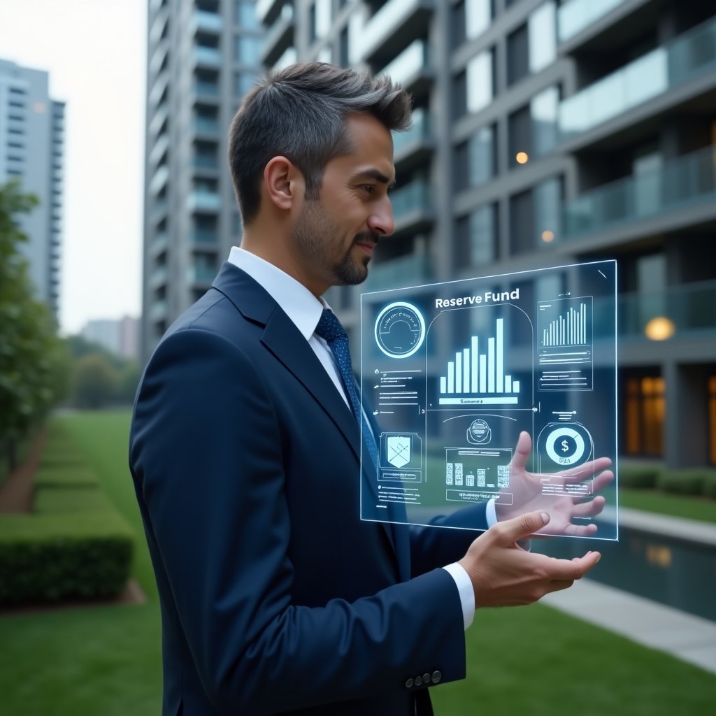 Ultra-realistic condominium manager in a navy-blue executive suit, set in a modern luxury condominium environment with high-rise buildings and manicured green landscaping, mid shot of the manager analyzing a floating holographic financial dashboard displaying reserve fund growth charts and contribution targets, surrounded by subtle icons of coins and a shield symbolizing financial security, cinematic lighting, shallow depth of field, highly detailed textures, realistic skin, photographic realism, 8k resolution --ar 1:1 --v 6