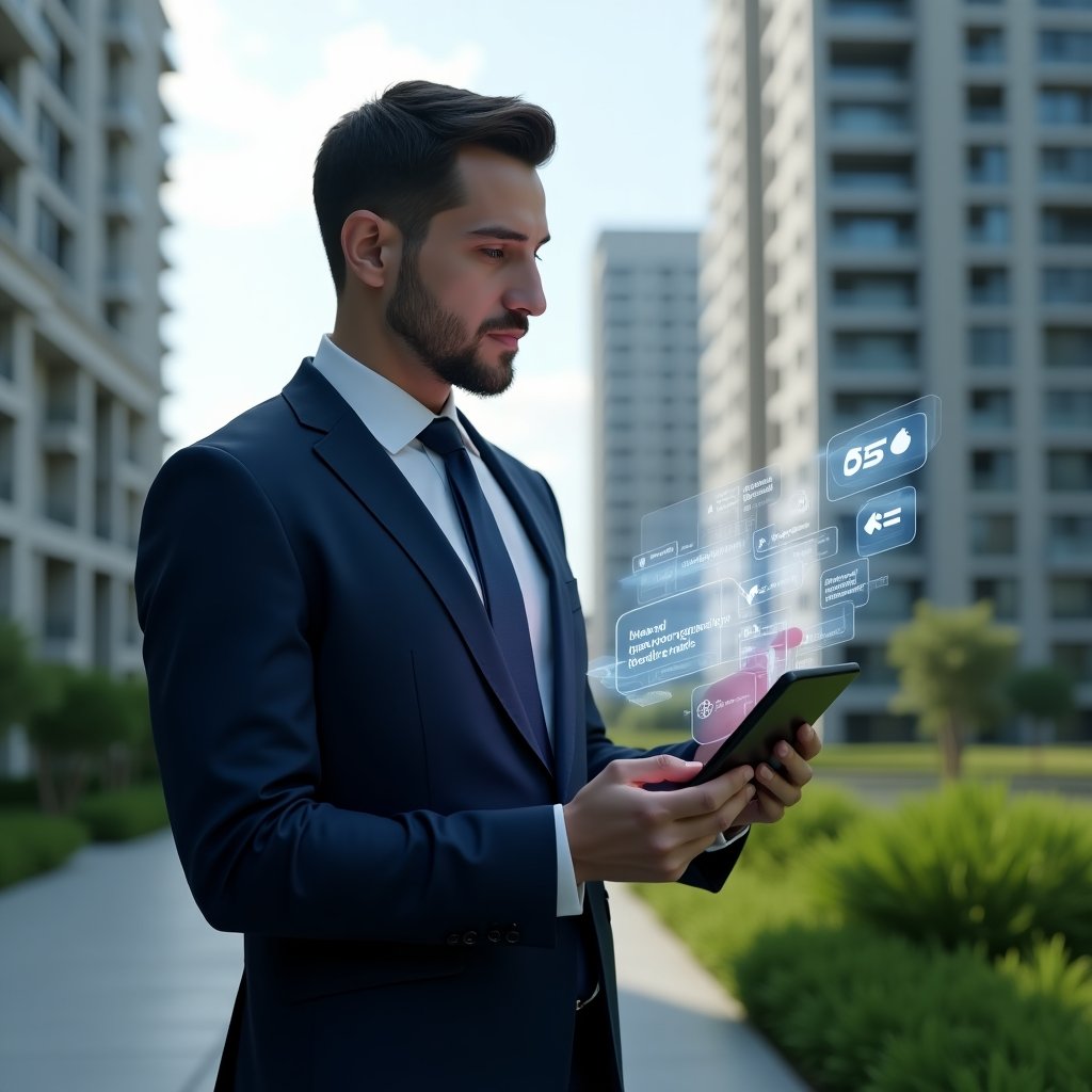 (Ultra-realistic condominium manager in a navy executive suit, set in a modern luxury condominium environment with high-rise buildings and lush green landscaping, standing in a medium shot reviewing a holographic internal regulation document projected from a digital tablet, surrounded by floating icons of rule checkmarks and dialogue bubbles, confident and thoughtful expression, cinematic lighting, shallow depth of field, highly detailed textures, realistic skin, photographic realism, 8k resolution --ar 1:1 --v 6)