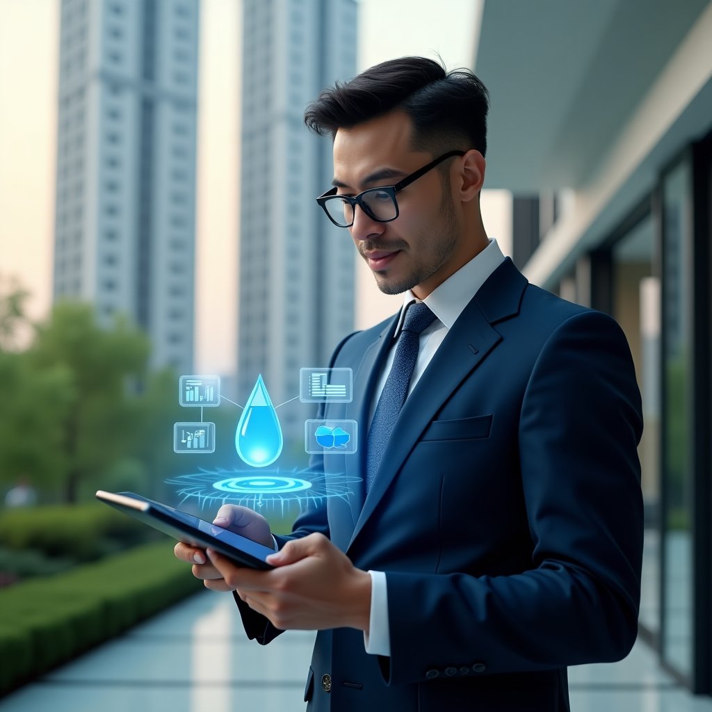 Ultra-realistic condominium manager in a navy blue suit, set in a modern luxury condominium environment with high-rise buildings and green landscaping, holding a digital tablet displaying holographic water droplet and energy bolt icons and consumption charts, confidently analyzing data, cinematic lighting, shallow depth of field, highly detailed textures, realistic skin, photographic realism, 8k resolution --ar 1:1 --v 6