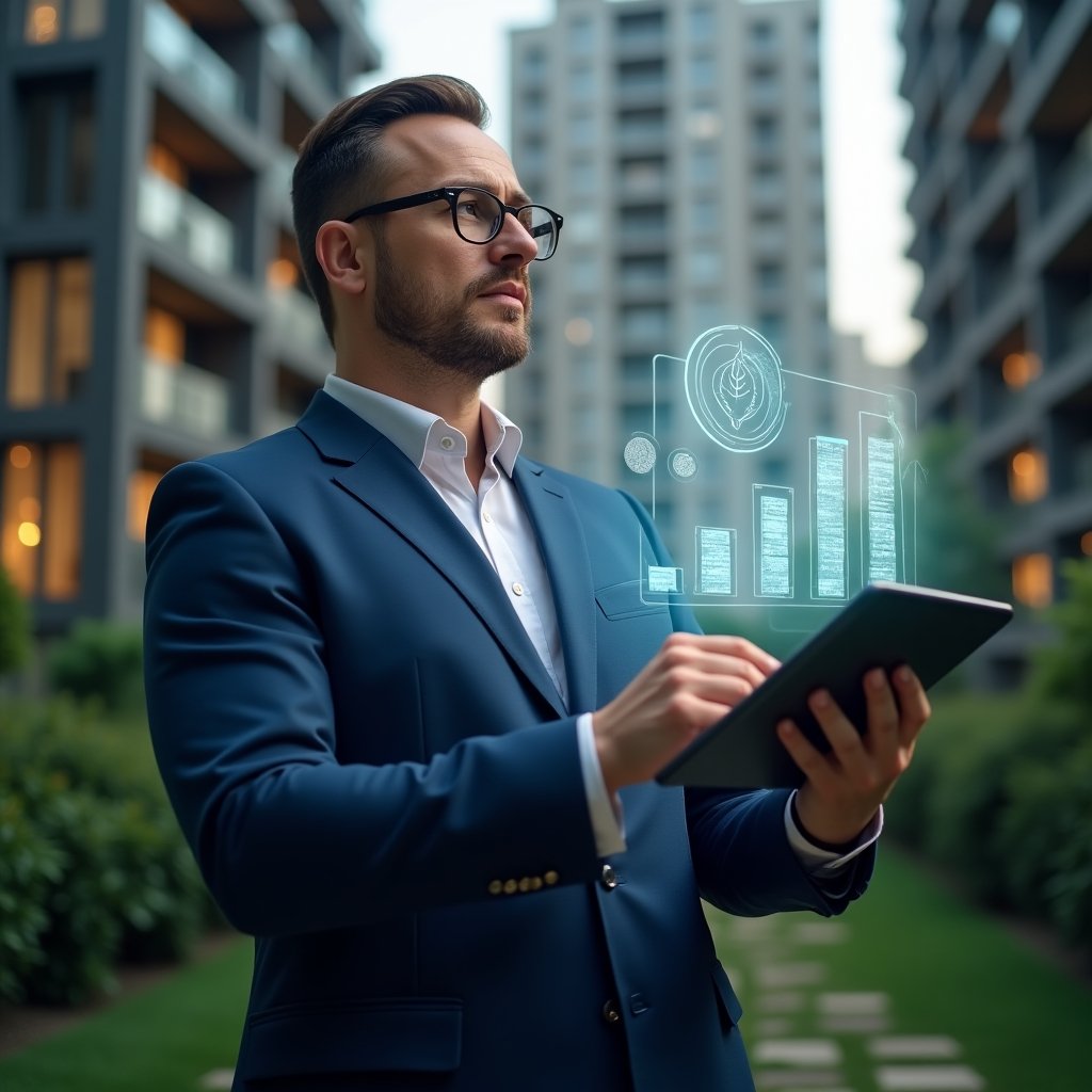 Ultra-realistic condominium manager in a navy blue suit, set in a modern luxury condominium environment with high-rise buildings and lush green landscaping, holding a digital tablet with floating holographic budget charts and icons of coins and a leaf symbolizing cost savings and sustainability, analyzing with a confident expression, cinematic lighting, shallow depth of field, highly detailed textures, realistic skin, photographic realism, 8k resolution --ar 1:1 --v 6