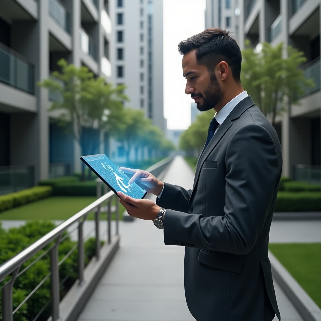 Ultra-realistic condominium manager in a charcoal grey tailored suit, set in a modern luxury condominium environment with high-rise buildings and manicured green landscaping, inspecting a wheelchair-friendly ramp while holding a tablet projecting a holographic 3D accessibility icon, confident and attentive expression, cinematic lighting, shallow depth of field, highly detailed textures, realistic skin, photographic realism, 8k resolution --ar 1:1 --v 6