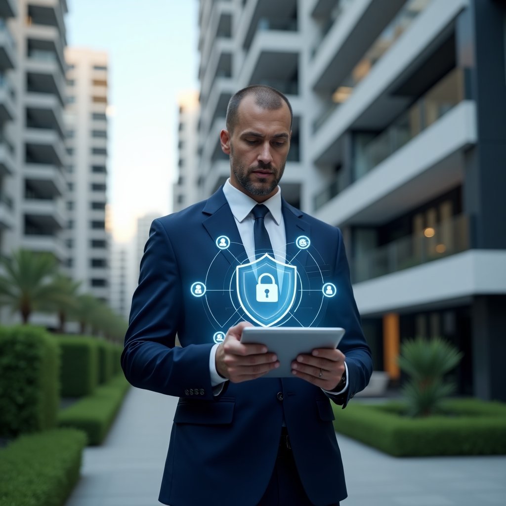Ultra-realistic property manager in a navy blue executive suit, set in a modern luxury condominium environment with high-rise buildings and manicured green landscaping, confidently reviewing a holographic security shield projection on a digital tablet, futuristic security icons floating around, cinematic lighting, shallow depth of field, highly detailed textures, realistic skin, photographic realism, 8k resolution --ar 1:1 --v 6