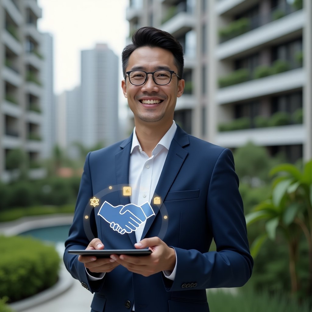 Ultra-realistic condominium manager in a navy blue suit, set in a modern luxury condominium environment with high-rise buildings and green landscaping, holding a digital tablet displaying holographic golden rule icons and a handshake symbol for harmony, confident and approachable expression, cinematic lighting, shallow depth of field, highly detailed textures, realistic skin, photographic realism, 8k resolution --ar 1:1 --v 6