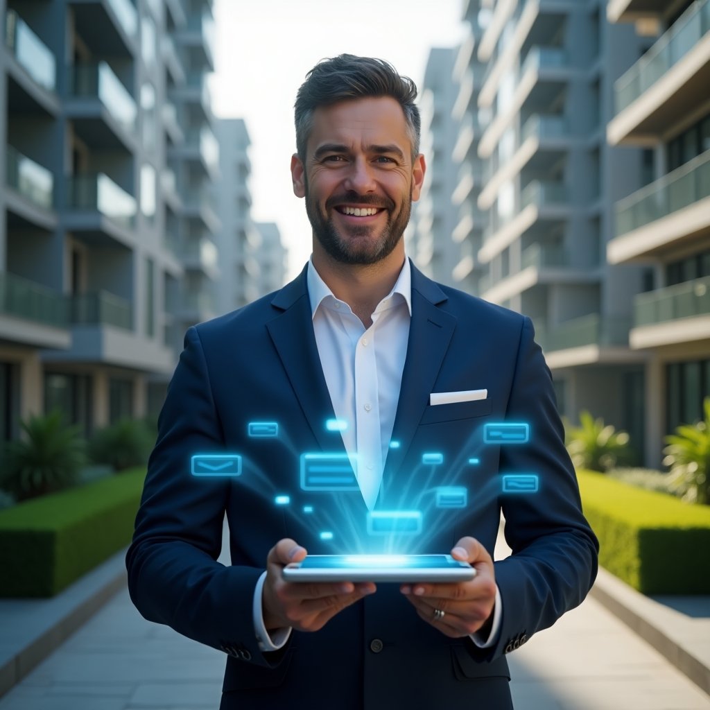 Ultra-realistic condominium manager in a navy blue suit, set in a modern luxury condominium environment with high-rise buildings and manicured green landscaping, holding a tablet projecting floating holographic chat bubbles and notification icons to symbolize streamlined communication, smiling confidently as if engaging with residents, cinematic lighting, shallow depth of field, highly detailed textures, realistic skin, photographic realism, 8k resolution --ar 1:1 --v 6