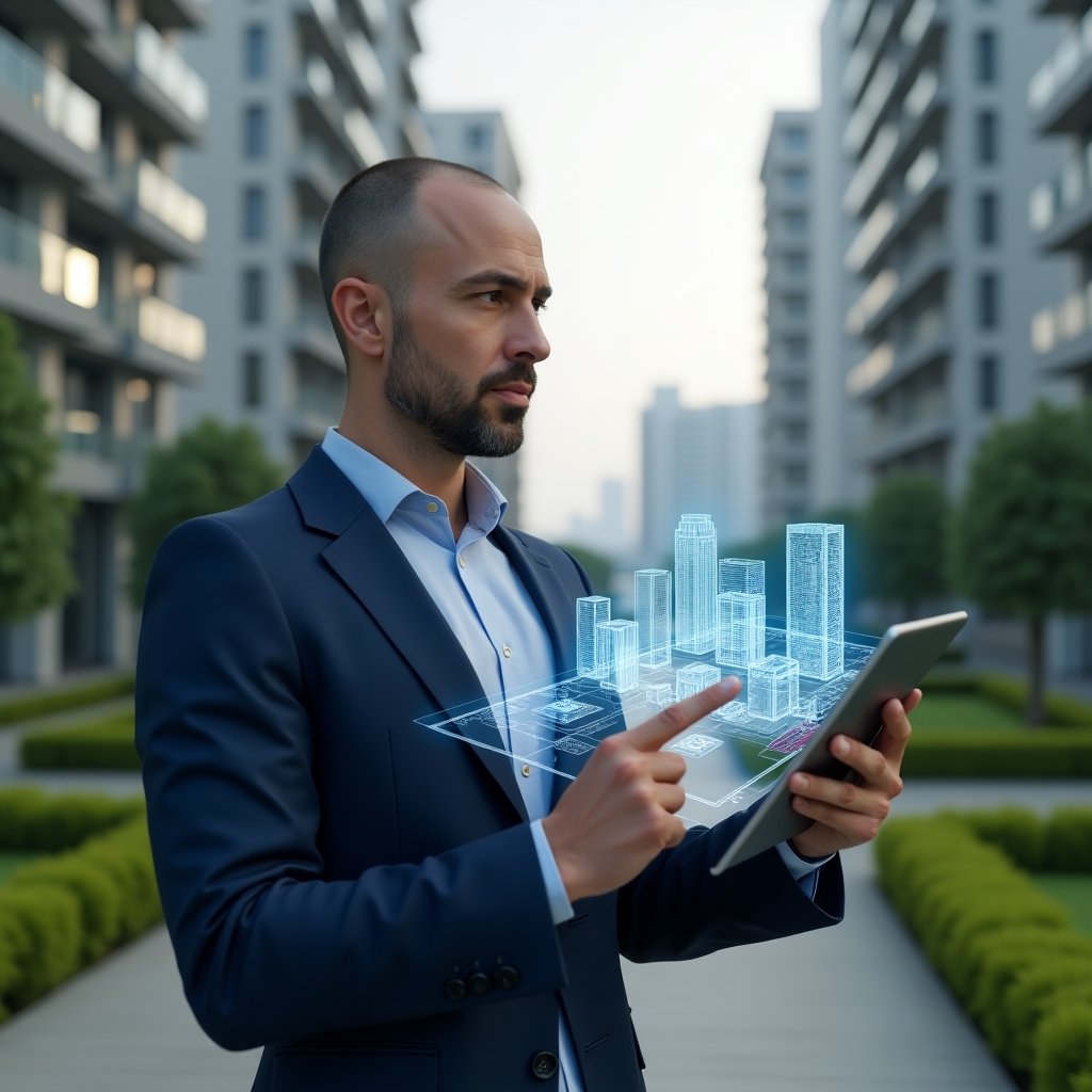 Ultra-realistic property manager in a navy blue business suit, set in a modern luxury condominium environment with high-rise buildings and lush green landscaping, holding a tablet displaying holographic 3D building plans and financial charts, pointing thoughtfully at the hologram, expression confident and focused, cinematic lighting, shallow depth of field, highly detailed textures, realistic skin, photographic realism, 8k resolution --ar 1:1 --v 6