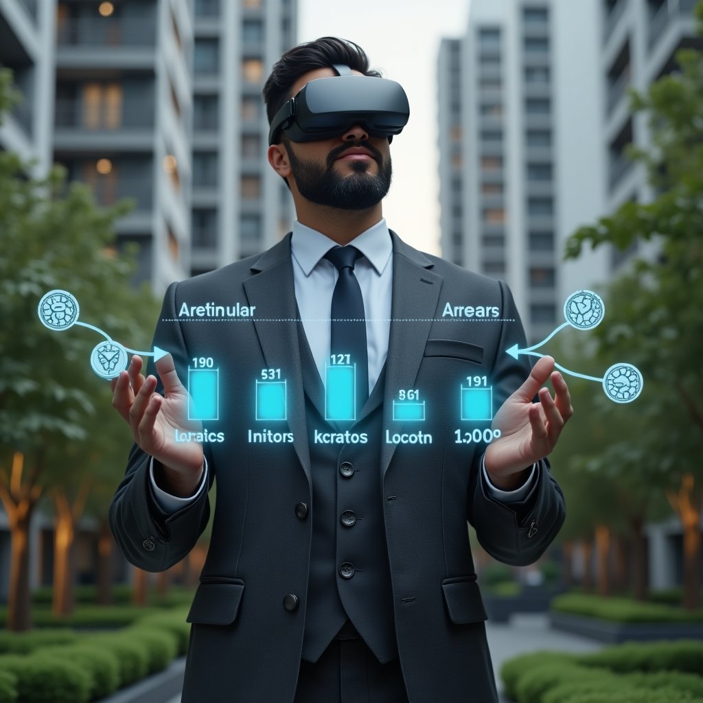 (Ultra-realistic condominium manager in a tailored charcoal suit, set in a modern luxury condominium environment with high-rise buildings and lush green landscaping, confidently reviewing a holographic financial dashboard showing decreasing arrears bars, surrounded by digital icons of invoices and coins, cinematic lighting, shallow depth of field, highly detailed textures, realistic skin, photographic realism, 8k resolution --ar 1:1 --v 6)