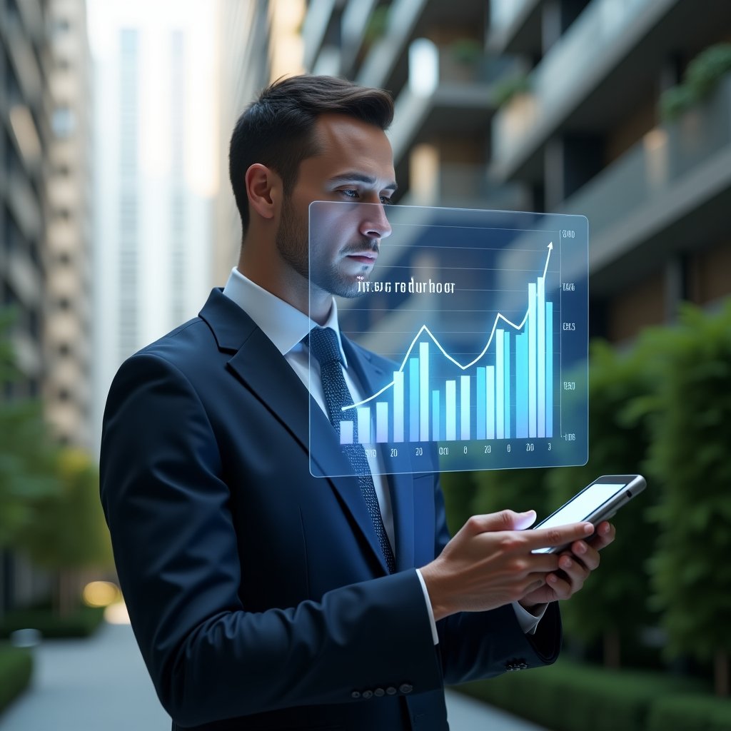 (Ultra-realistic condominium manager in a navy tailored suit, set in a modern luxury condominium environment with high-rise buildings and lush green landscaping, holding a digital tablet projecting a 3D holographic expense reduction chart, confidently analyzing data, cinematic lighting, shallow depth of field, highly detailed textures, realistic skin, photographic realism, 8k resolution --ar 1:1 --v 6)