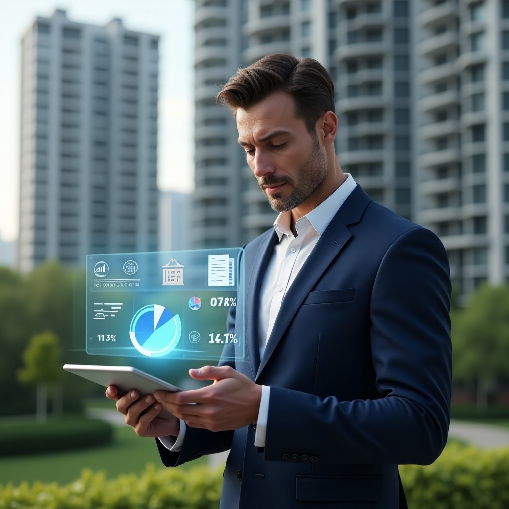 (Ultra-realistic condominium manager in a navy blue suit, set in a modern luxury condominium environment with high-rise buildings and lush green landscaping, holding a digital tablet and interacting with a holographic pie chart illustrating cost reductions, floating coin and document icons symbolizing budget optimization, confident and analytical expression, cinematic lighting, shallow depth of field, highly detailed textures, realistic skin, photographic realism, 8k resolution --ar 1:1 --v 6)
