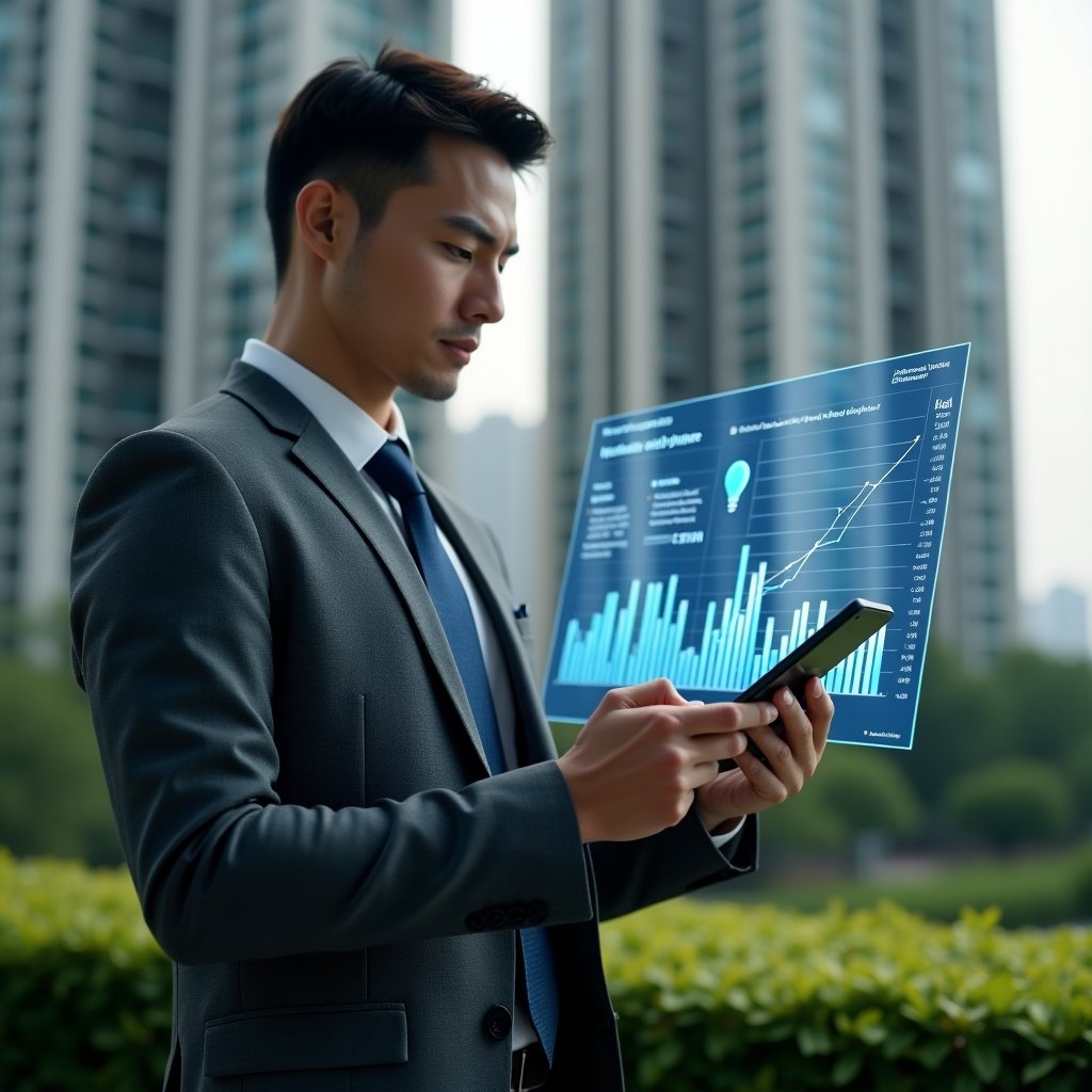 Ultra-realistic condominium manager in a charcoal gray tailored suit, set in a modern luxury condominium environment with high-rise buildings and lush green landscaping, mid shot of a professional reviewing a holographic financial dashboard displaying declining expense graphs and LED bulb icons, confident and focused expression, cinematic lighting, shallow depth of field, highly detailed textures, realistic skin, photographic realism, 8k resolution --ar 1:1 --v 6