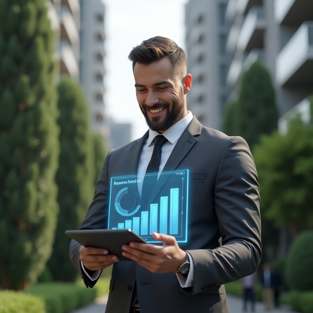 (Ultra-realistic condominium manager in a charcoal gray suit, set in a modern luxury condominium environment with high-rise buildings and lush green landscaping, medium close-up of a focused professional holding a tablet displaying a holographic pie chart and bar graph of reserve funds, confident expression with slight smile, cinematic lighting, shallow depth of field, highly detailed textures, realistic skin, photographic realism, 8k resolution --ar 1:1 --v 6)