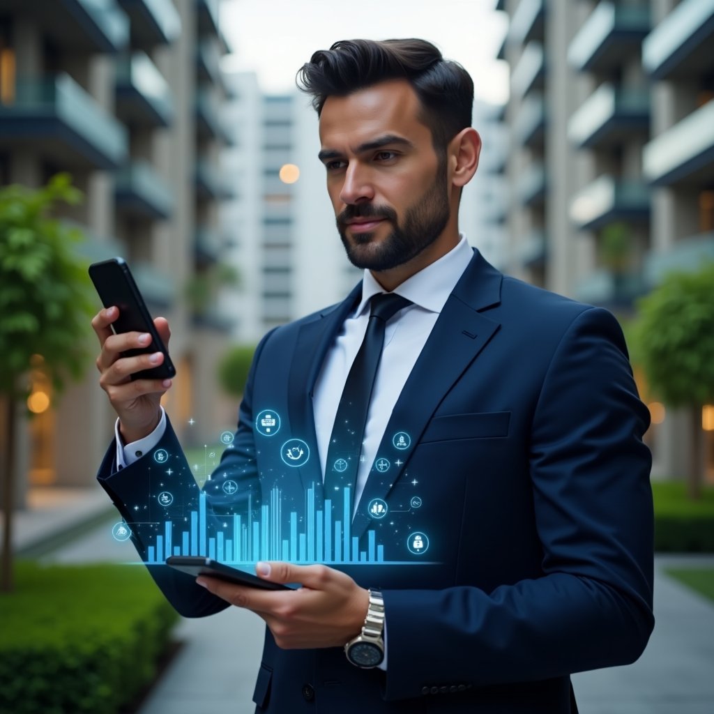 (Ultra-realistic property manager in a navy blue suit, set in a modern luxury condominium environment with high-rise buildings and lush green landscaping, holding a smartphone projecting a holographic dashboard of a condo management app with clock and dollar icons and rising bar charts, confident and focused expression, cinematic lighting, shallow depth of field, highly detailed textures, realistic skin, photographic realism, 8k resolution --ar 1:1 --v 6)