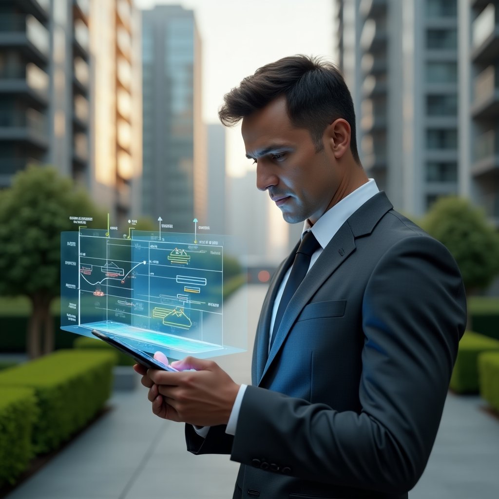 Ultra-realistic condominium manager in a charcoal gray suit, set in a modern luxury condominium environment with high-rise buildings and manicured green landscaping, holding a tablet projecting a holographic timeline of scheduled tasks with color-coded markers and checkmarks, focused and confident expression, cinematic lighting, shallow depth of field, highly detailed textures, realistic skin, photographic realism, 8k resolution --ar 1:1 --v 6