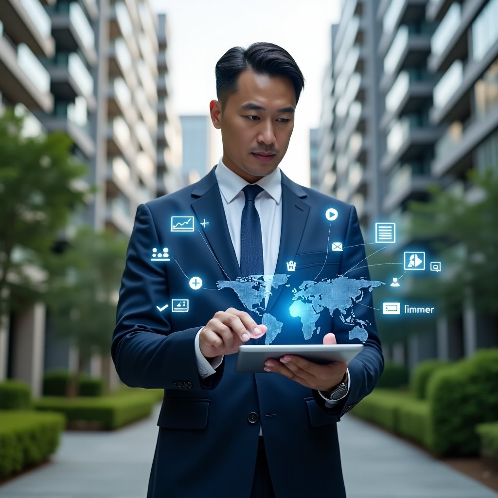 Ultra-realistic condominium manager in a navy tailored suit, set in a modern luxury condominium environment with high-rise buildings and well-manicured green landscaping, holding a tablet projecting a holographic dashboard of building management, overlay of digital icons for communication, finance, and maintenance, cinematic lighting, shallow depth of field, highly detailed textures, realistic skin, photographic realism, 8k resolution --ar 1:1 --v 6