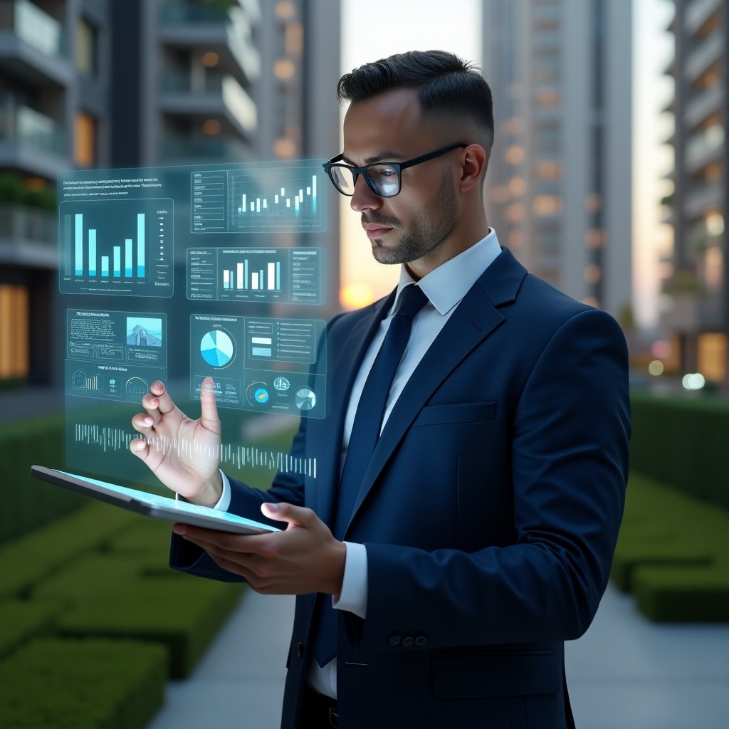(Ultra-realistic condominium manager in a dark blue suit, set in a modern luxury condominium environment with high-rise buildings and manicured green landscaping, holding a digital tablet displaying holographic financial dashboards and reports, analyzing data with a confident, thoughtful expression, cinematic lighting, shallow depth of field, highly detailed textures, realistic skin, photographic realism, 8k resolution --ar 1:1 --v 6)