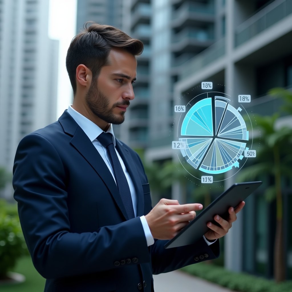 (Ultra-realistic condominium manager in a navy blue suit, set in a modern luxury condominium environment with high-rise buildings and green landscaping, medium close-up of a confident professional analyzing a holographic pie chart illustrating fraction ideal distribution, floating percentage icons and digital ledger holograms, cinematic lighting, shallow depth of field, highly detailed textures, realistic skin, photographic realism, 8k resolution --ar 1:1 --v 6)