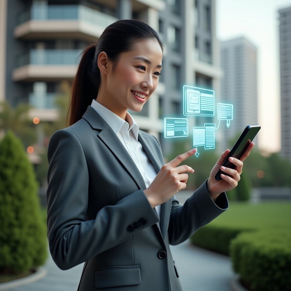 (Ultra-realistic condominium manager in a sleek gray suit, set in a modern luxury condominium environment with high-rise buildings and manicured green landscaping, interacting with a holographic smartphone interface projecting message bubbles and virtual bulletin boards, confident and engaged expression, cinematic lighting, shallow depth of field, highly detailed textures, realistic skin, photographic realism, 8k resolution --ar 1:1 --v 6)