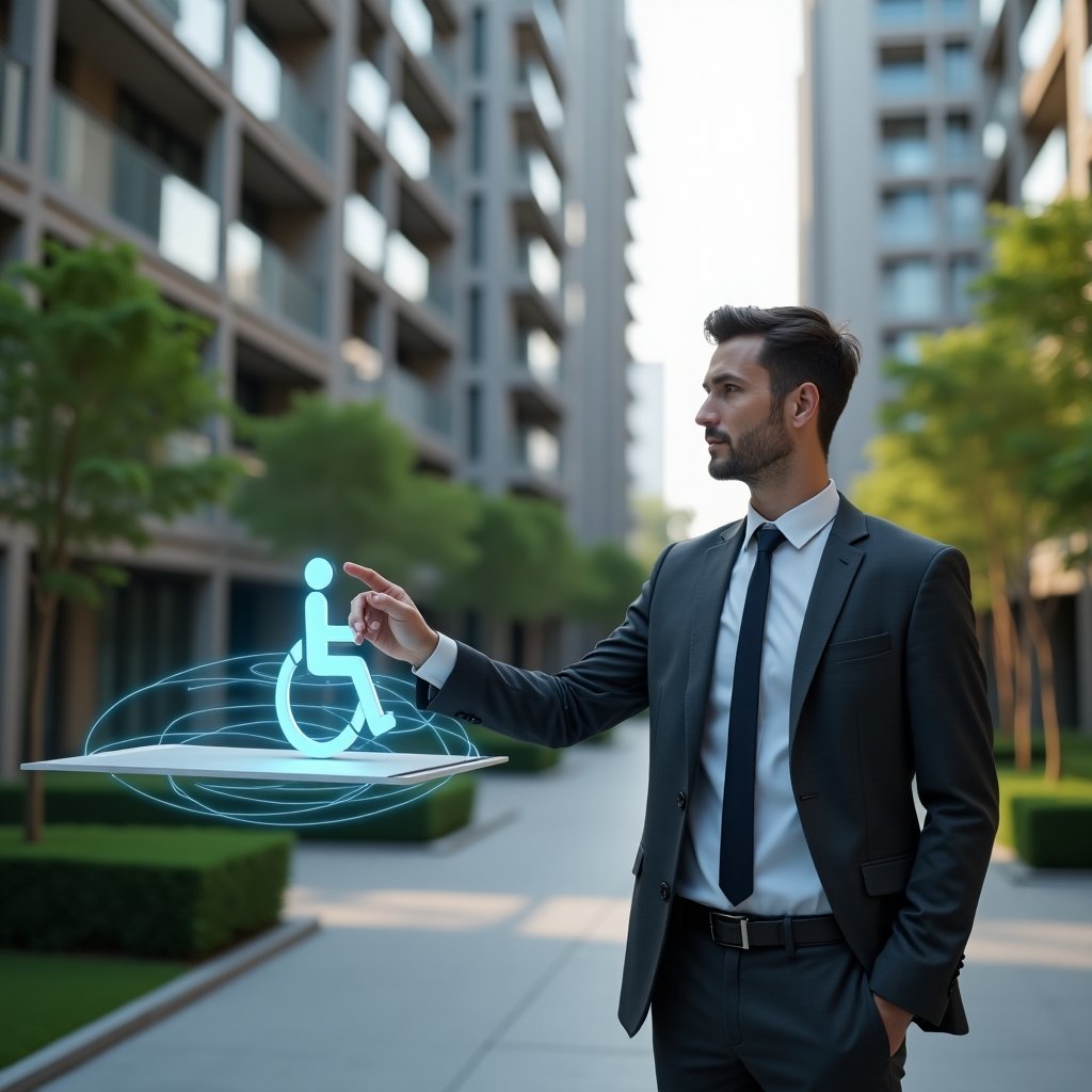 (Ultra-realistic condominium manager in a tailored charcoal suit, set in a modern luxury condominium environment with high-rise buildings and manicured green landscaping, confidently pointing at a sleek accessibility ramp with a floating wheelchair-accessibility hologram beside him, cinematic lighting, shallow depth of field, highly detailed textures, realistic skin, photographic realism, 8k resolution --ar 1:1 --v 6)