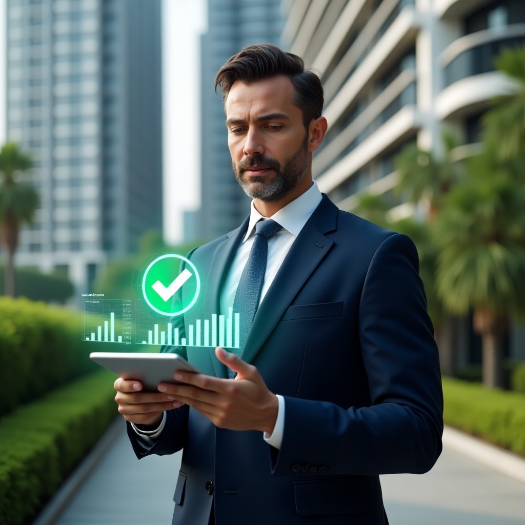 Ultra-realistic condominium manager in a navy tailored suit, set in a modern luxury condominium environment with high-rise buildings and lush green landscaping, holding a tablet displaying floating holographic payment charts and a green checkmark symbolizing full compliance, confident and focused expression, cinematic lighting, shallow depth of field, highly detailed textures, realistic skin, photographic realism, 8k resolution --ar 1:1 --v 6