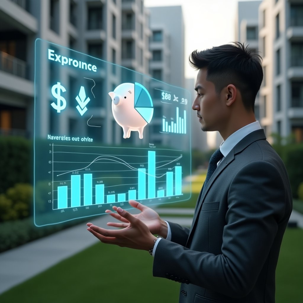 Ultra-realistic property manager in a charcoal gray executive suit, set in a modern luxury condominium environment with high-rise buildings and manicured green landscaping, medium shot of the manager reviewing a floating holographic financial dashboard displaying dynamic bar graphs and pie charts, augmented by glowing downward arrow icons and a piggy bank hologram symbolizing cost savings, cinematic lighting, shallow depth of field, highly detailed textures, realistic skin, photographic realism, 8k resolution --ar 1:1 --v 6