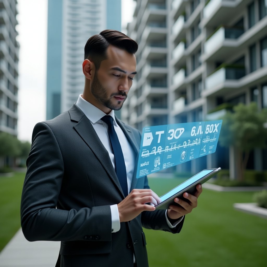 (Ultra-realistic condominium manager in a charcoal-gray tailored suit, set in a modern luxury condominium environment with high-rise buildings and manicured green landscaping, holding a tablet projecting a holographic task timeline with seven digital icons, focused and strategic pose, cinematic lighting, shallow depth of field, highly detailed textures, realistic skin, photographic realism, 8k resolution --ar 1:1 --v 6)