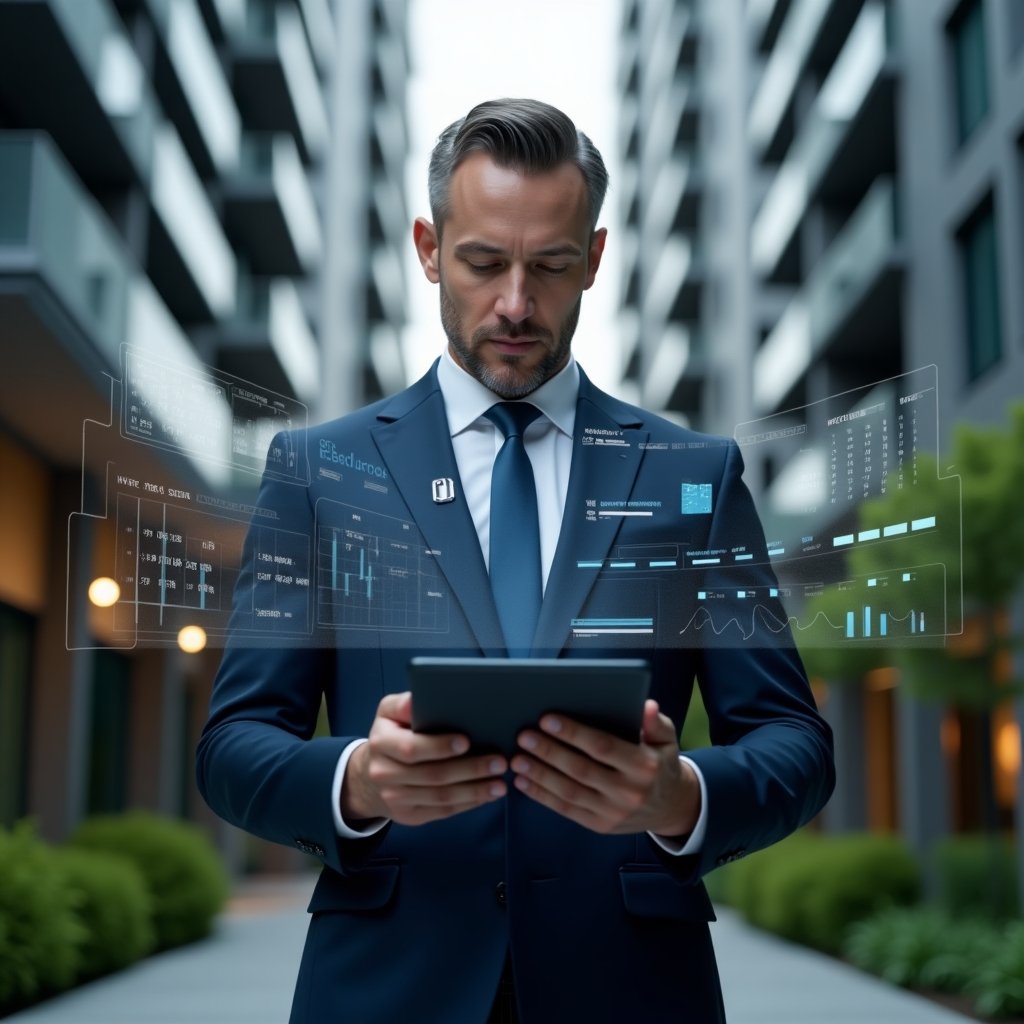 Ultra-realistic condominium property manager in a sleek navy blue suit, set in a modern luxury condominium environment with high-rise buildings and manicured green landscaping, reviewing a holographic digital schedule projected from a tablet with floating calendar icons and progress charts around him, confident and focused expression, cinematic lighting, shallow depth of field, highly detailed textures, realistic skin, photographic realism, 8k resolution --ar 1:1 --v 6