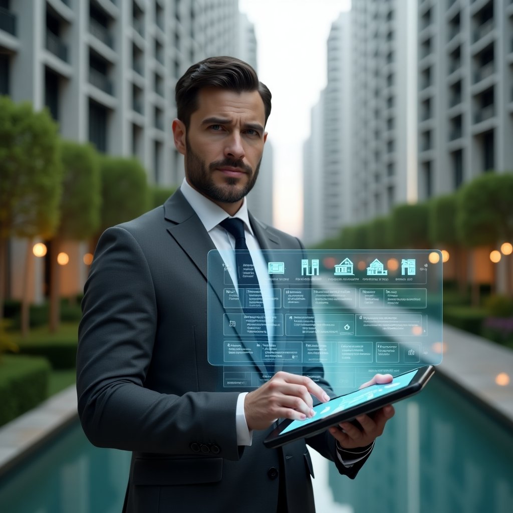 (Ultra-realistic condominium manager in a charcoal gray suit, set in a modern luxury condominium environment with high-rise buildings and manicured green landscaping, holding a transparent tablet projecting a floating holographic timeline of scheduled tasks and checklist icons, looking confident and focused, cinematic lighting, shallow depth of field, highly detailed textures, realistic skin, photographic realism, 8k resolution --ar 1:1 --v 6)